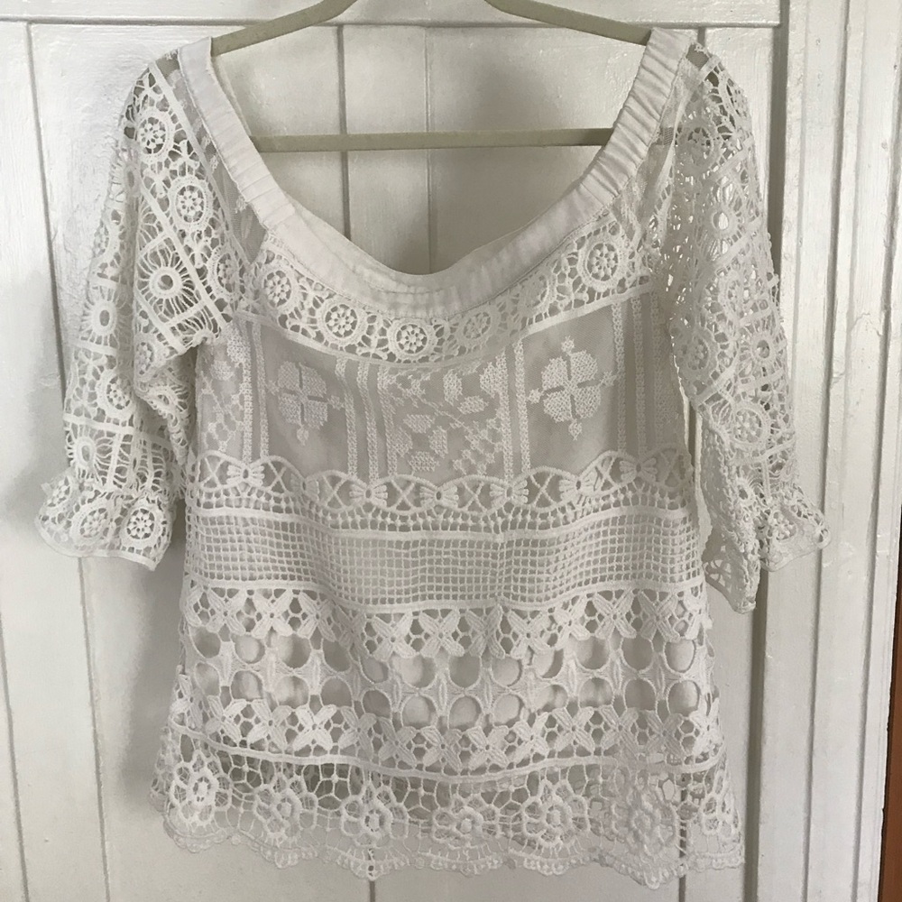 Anthropologie White Off Shoulder Lace Top Sz XS
